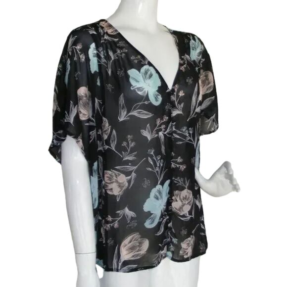 Torrid Sheer Top, 1/1X, Button front Floral, SS, Black/Blue/Pink - Picture 3 of 12